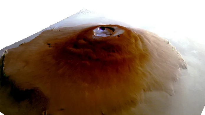 Vizualizace jinovatky na štítové sopce Olympus Mons