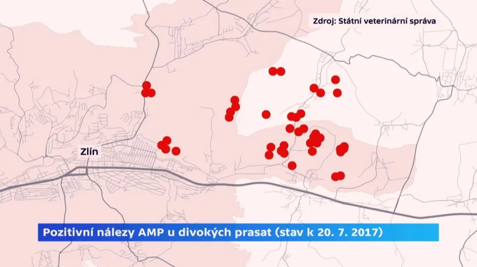 Pozitivní nálezy afrického moru u divokých prasat (k 20. 7. 2017)