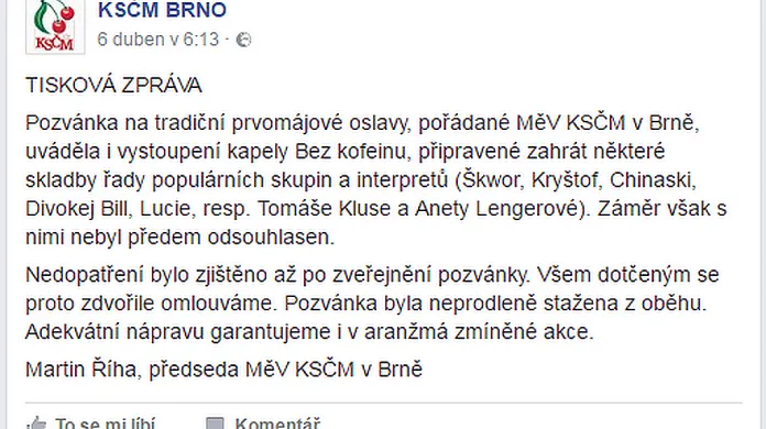 Vyjádření brněnské KSČM na Facebooku