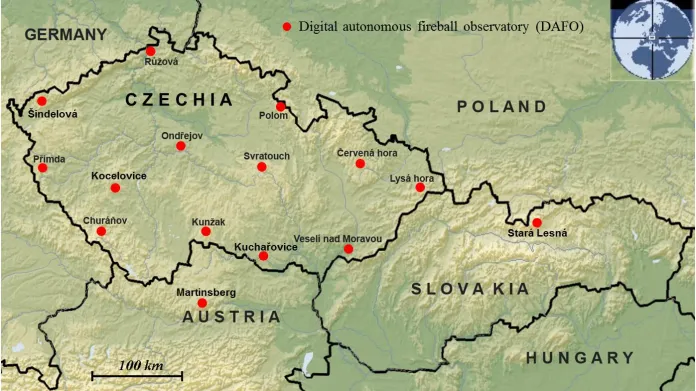 Stanice Evropské bolidové sítě v České republice, Rakousku a Slovensku, kde jsou umístěny automatické bolidové kamery, které zaznamenaly zvýšenou aktivitu Taurid v roce 2015 (stav v listopadu 2015)