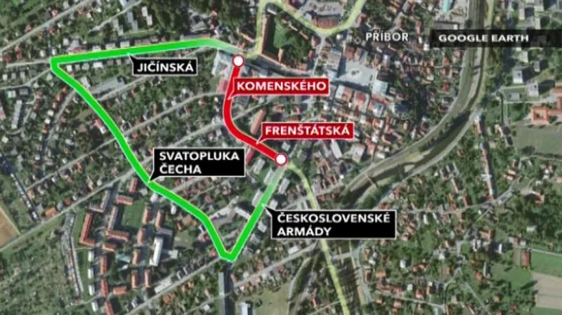 Uzavřený úsek a objízdná trasa