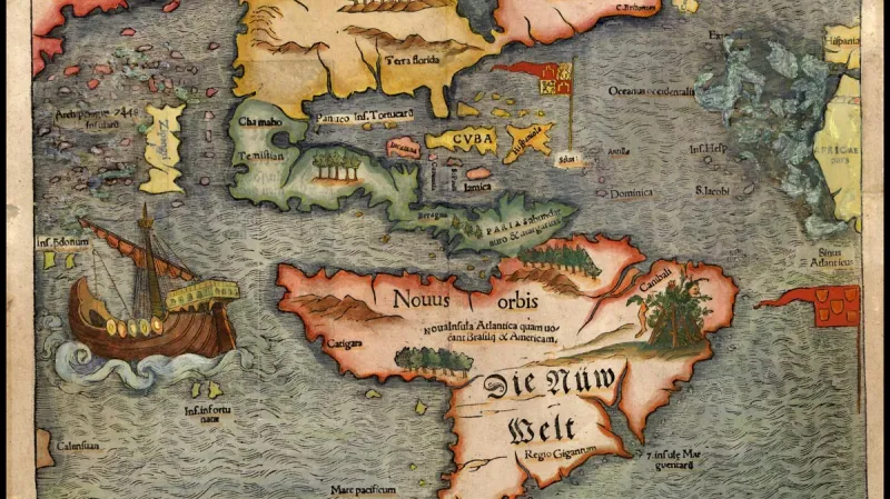 Mapa amerického kontinentu od Sebastiana Munstera z roku 1561 s Magalhãesovým průlivem