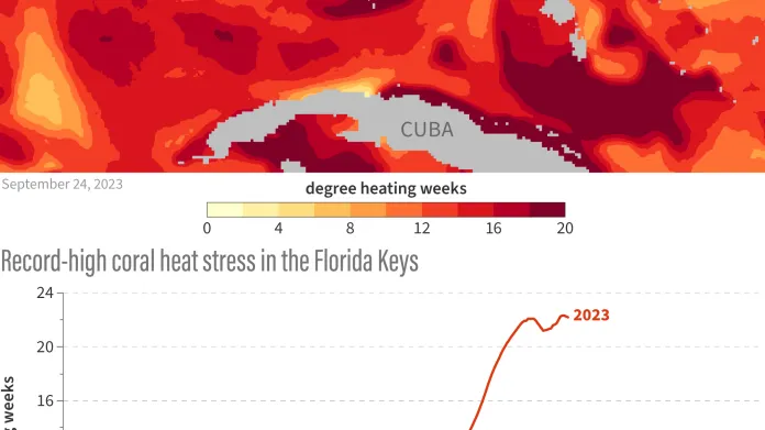 Míra tepelného stresu pro korály (dolní graf) v oblasti Florida Keys dosahuje letos rekordně vysoké hodnoty, ve srovnání s dosavadním maximem je téměř trojnásobná