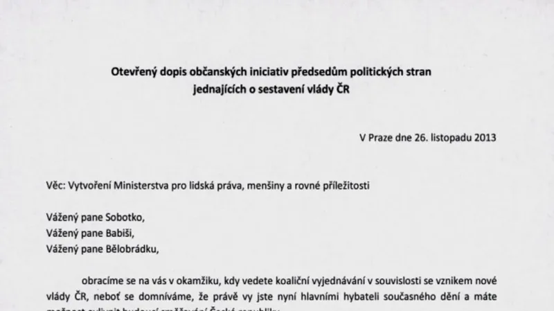Otevřený dopis žádající zřízení ministerstva pro lidská práva