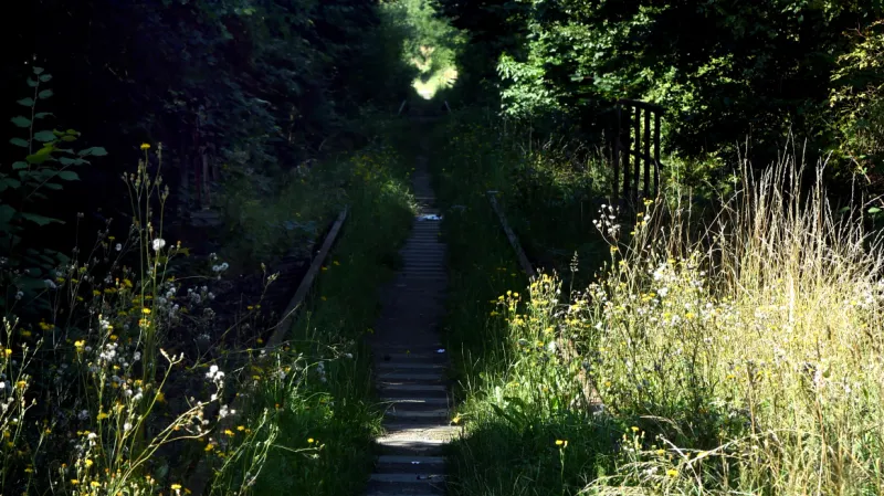 Na snímku z Krupky lze jen těžko nalézt koleje Kozí dráhy, na které neobjednává kraj osobní vlaky od roku 2007
