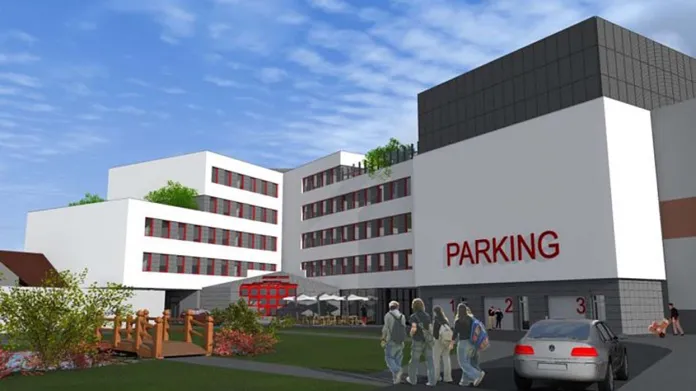 Předpokládaná podoba nové radnice včetně parkovacích míst