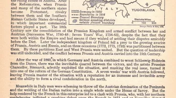 Německé ambice v britském atlasu z r. 1938: Text s mapkou v Newnes Modern Pictorial Atlas vysvětluje růst moderního Německa. Důsledky mnichovské dohody jsou v něm dodány jako aktualita pod čarou.