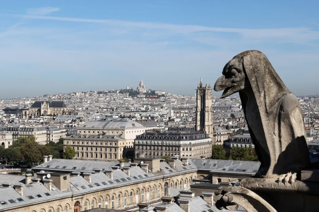 Chiméra s výhledem na město s nedalekou věží Tour Saint-Jacques a kopcem Montmartre a bazilikou Sacré-Coeur v pozadí