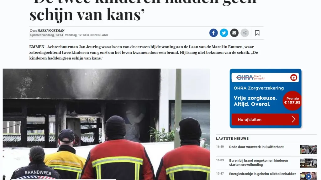 De Telegraaf informuje o požáru v Emmenu