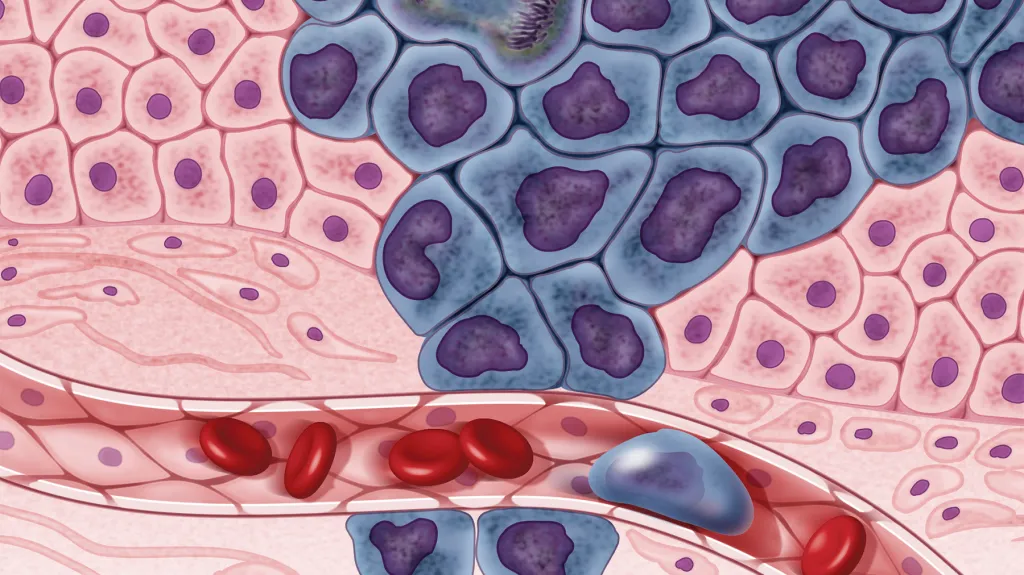 Rostoucí nádorové buňky (fialově) jsou obklopeny zdravými buňkami (růžově)