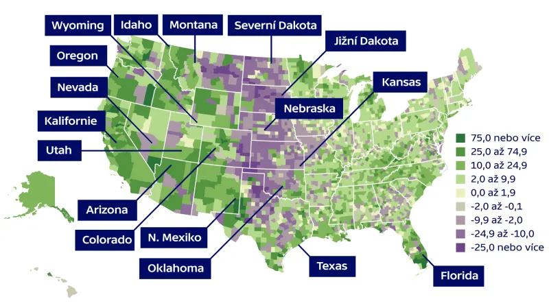 Migrace uvnitř USA v letech 1930–1940 – změny počtu obyvatel (v %)