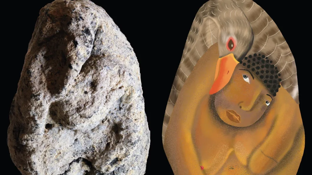 Dvanáct tisíc let stará figurka ženy a husy (vlevo) a rekonstrukce její podoby (vpravo)
