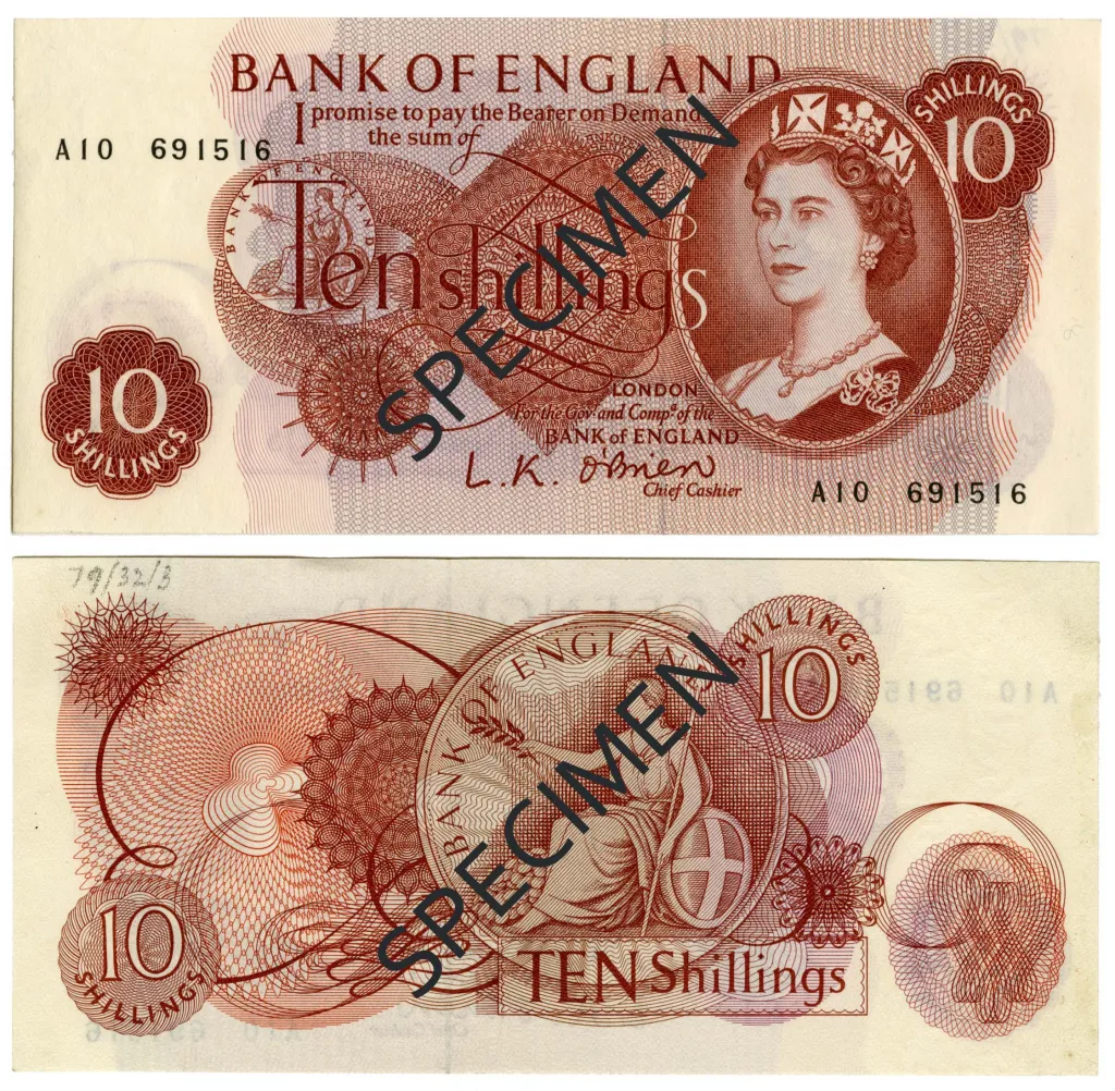 Bankovka série C s královnou Alžbětou II. v hodnotě deset šilinků (v oběhu od 12. 10. 1961 do 22. 11. 1970)