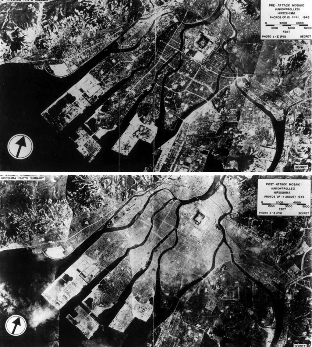 Fotografie z monitorovacího letadla americké armády ukazuje situaci v Hirošimě. Snímek nahoře byl pořízen v dubnu 1945, obrázek dole vznikl po svržení  bomby v srpnu 1945