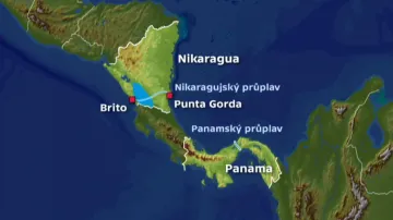 Mapa chystaného průplavu napříč Nikaraguou