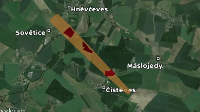 Mapa pravděpodobného dopadu úlomků meteoritu u Hradce Králové