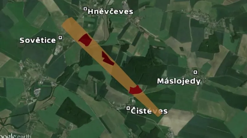 Mapa pravděpodobného dopadu úlomků meteoritu u Hradce Králové