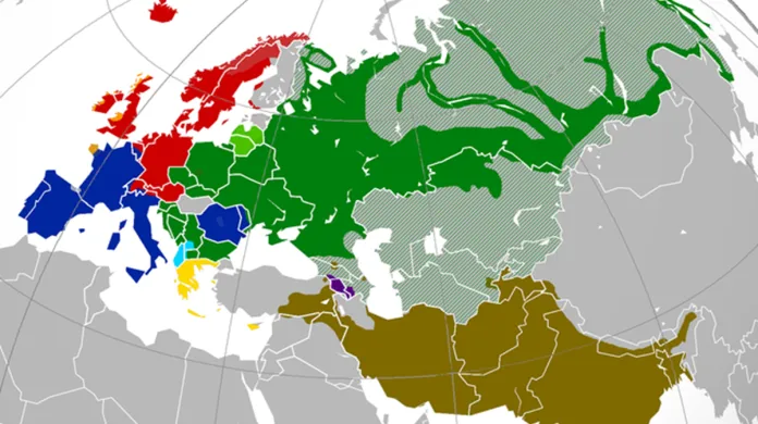 Indoevropské jazyky s barevně vyznačenými skupinami