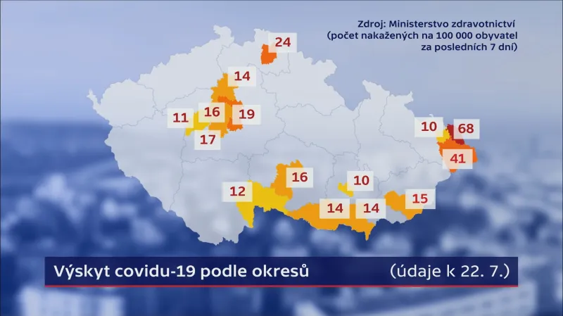 Okresy s více než 10 případy v přepočtu na 100 tisíc obyvatel za posledních 7 dnů