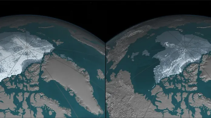 Ubývání arktického ledu: září 1984 a září 2016.