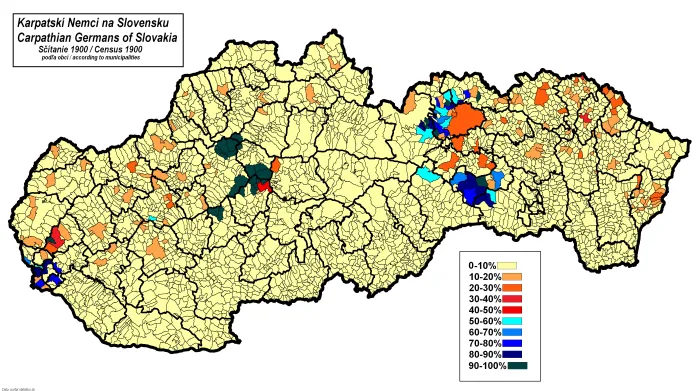 Podíl obyvatel s německým mateřským jazykem ve slovenských obcích (sčítání z roku 1900)