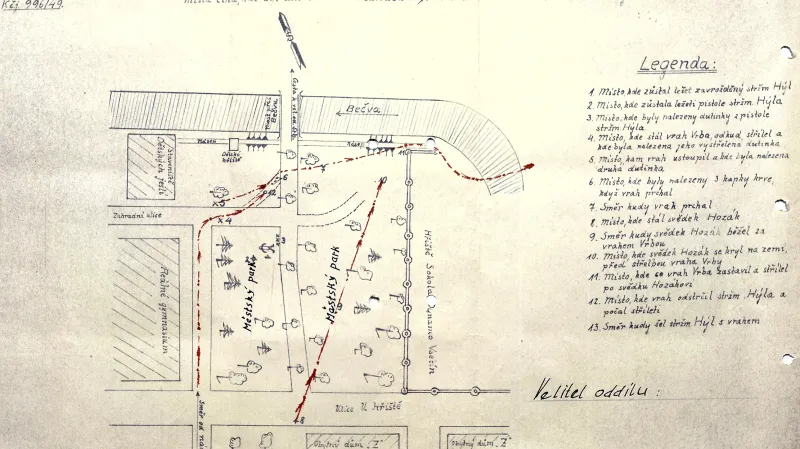 Náčrtek průběhu přestřelky mezi Jaromírem Vrbou a příslušníkem SNB Bohumilem Hýlem