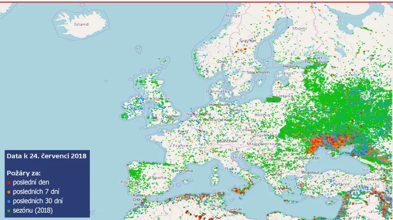 Požáry v Evropě za rok  2018