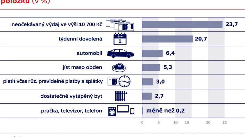 Podíl osob v domácnostech, které si nemohou dovolit danou položku (v %)