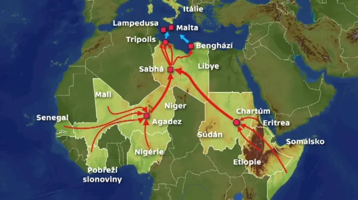Trasy uprchlíků z Afriky