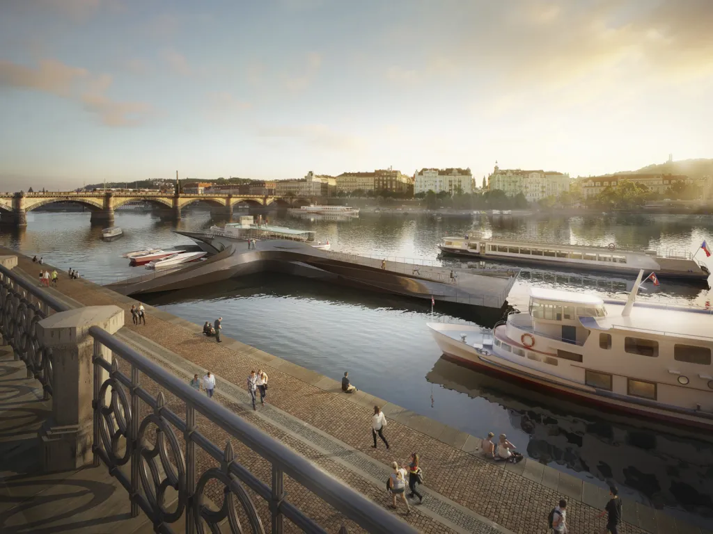 Terminál lodní dopravy na Vltavě podle návrhu studia architekta Petra Jandy je ve výstavbě. Předpokládané datum dokončení 2018 - 2019.