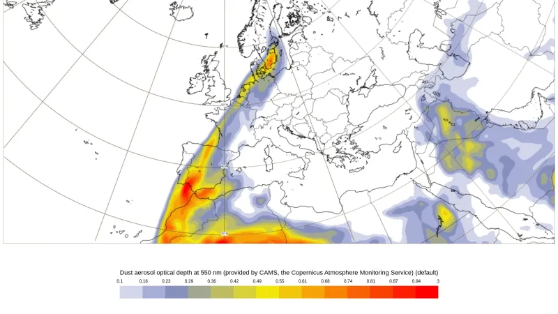 Předpověď množství aerosolů na neděli 7. 4. 2024 2:00 pomocí parametru optické tloušťky aerosolů – čím vyšší hodnota, tím větší je zeslabení slunečních paprsků vlivem prachových částic