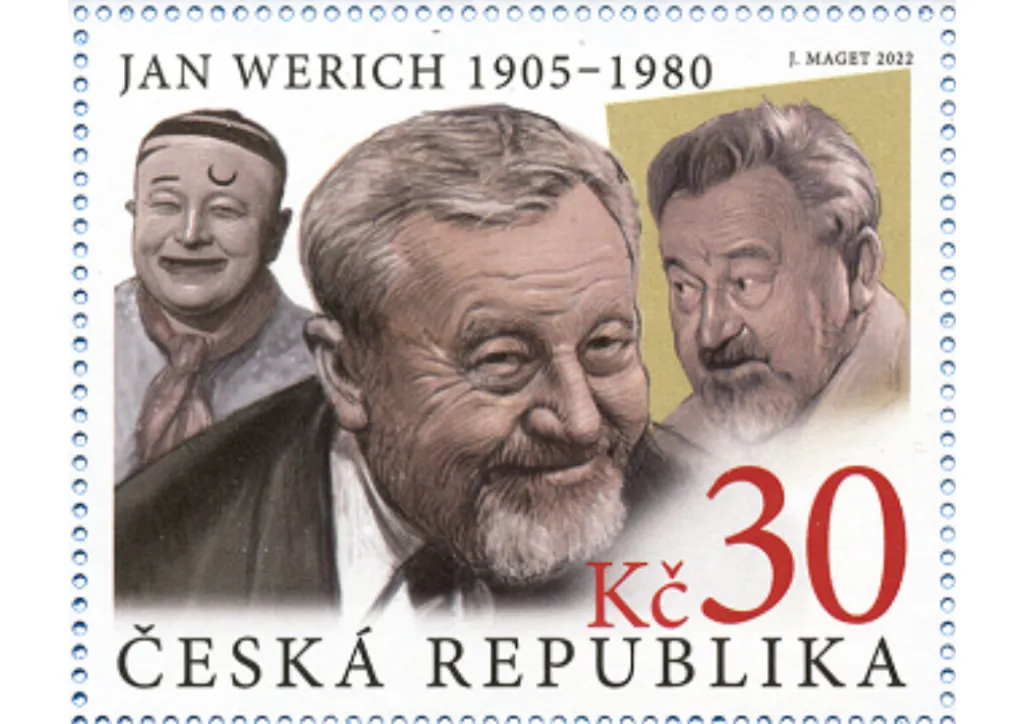 Jan Werich náleží k zásadním osobnostem českého divadla. Ať už šlo o předválečné Osvobozené divadlo, kde tvořil autorskou dvojici s Jiřím Voskovcem, nebo pozdější působení po Voskovcově emigraci. Na kontě má i filmové role (zejména dvojroli ve dvojfilmu Císařův pekař – Pekařův císař) nebo knihu pohádek Fimfárum. Autorem emise z roku 2022 je Jan Maget