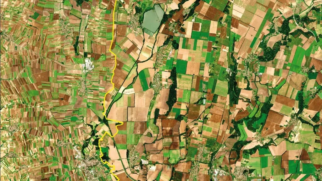 Rozdíl mezi velikosti polí v Rakousku (vlevo) a na Moravě (vpravo) je ze satelitu skvěle vidět
