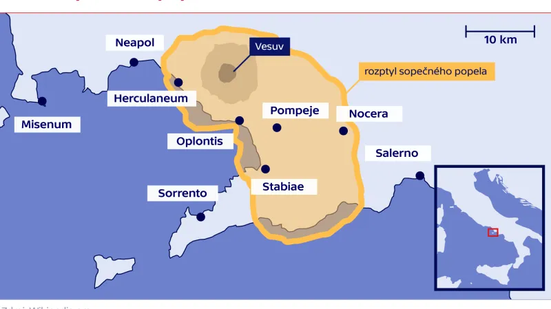 Rozsah výbuchu sopky Vesuv v roce 79