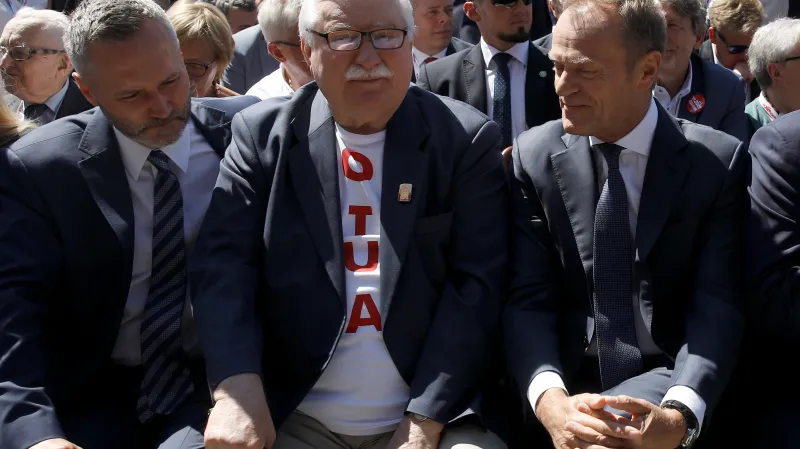 Lech Walesa a Donald Tusk na oslavách výročí v Gdaňsku