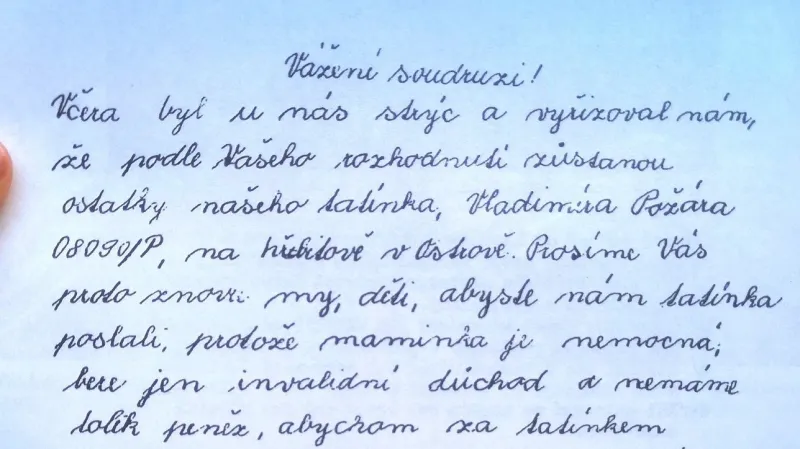 Dopis dětí Požárových, ve kterém prosí o vydání těla jejich otce
