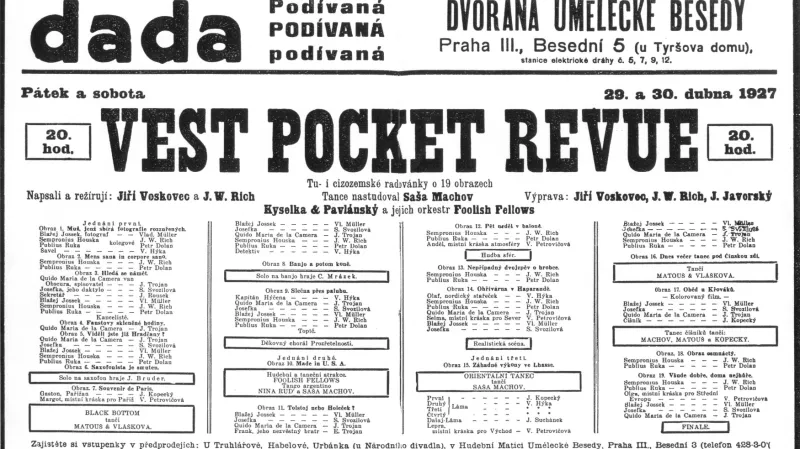 Faksimile plakátu na první uvedení slavné Vest Pocket Revue v Umělecké besedě v dubnu 1927