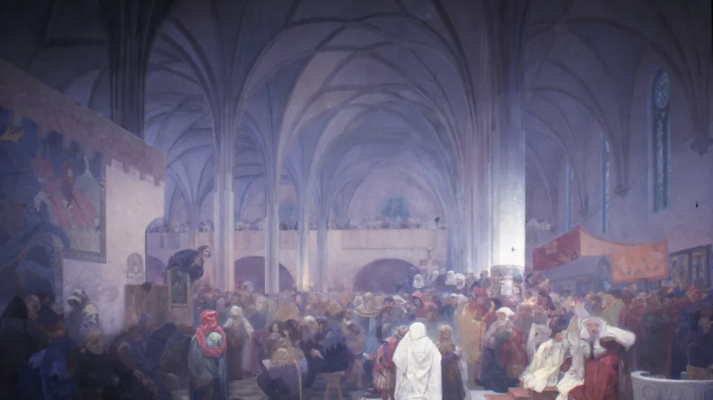 Husovo kázání v kapli Betlémské (1412), střed triptychu Kouzlo slova – Pravda vítězí, 1916, vaječná tempera, olej, plátno, 610 x 810 cm