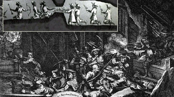 Dobové rytiny zobrazující minovou válku v podzemí