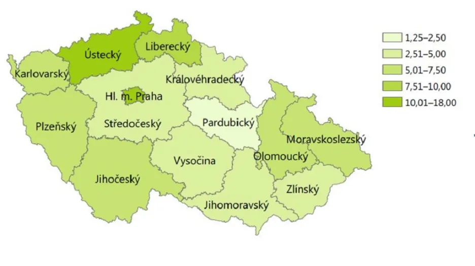 Odhadovaný počet problémových uživatelů drog na 1000 obyvatel ve věku 15–64 let v ČR v roce 2015 podle krajů:
