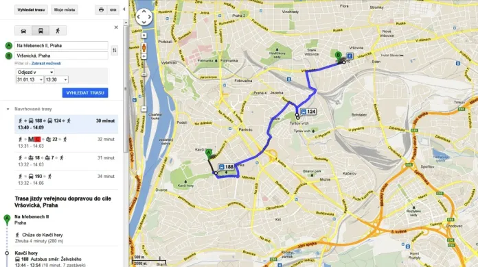 Pražská MHD na Google mapě