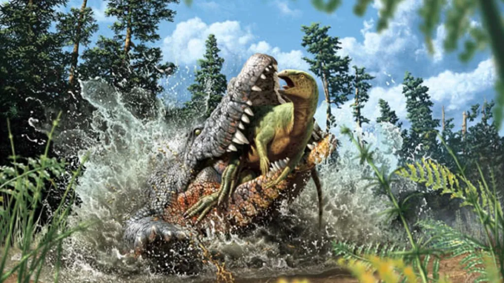 Vizualizace pravěkého krokodýla lovícího dinosaury