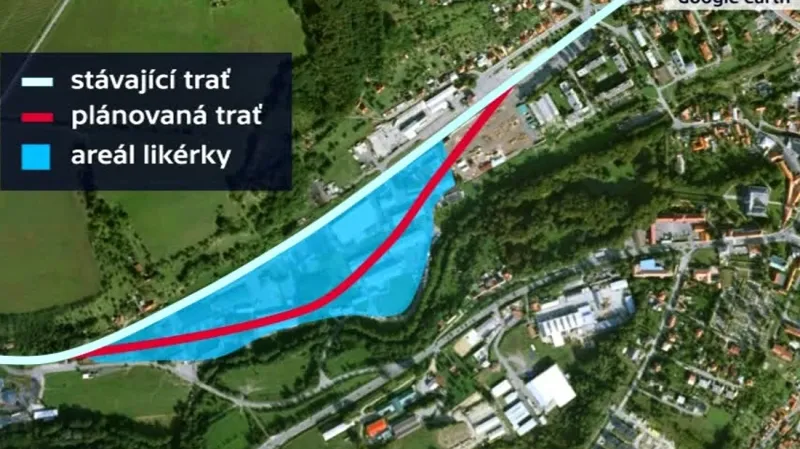 Infografika: Plánovaná trasa železnice přes areál likérky ve Vizovicích