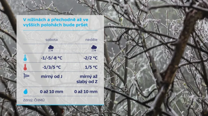 V nížinách a přechodně i ve vyšších polohách bude pršet