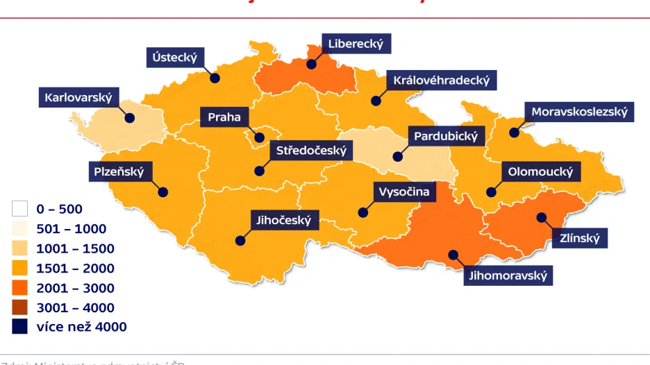 Relativní nemocnost v krajích na 100 000 obyvatel