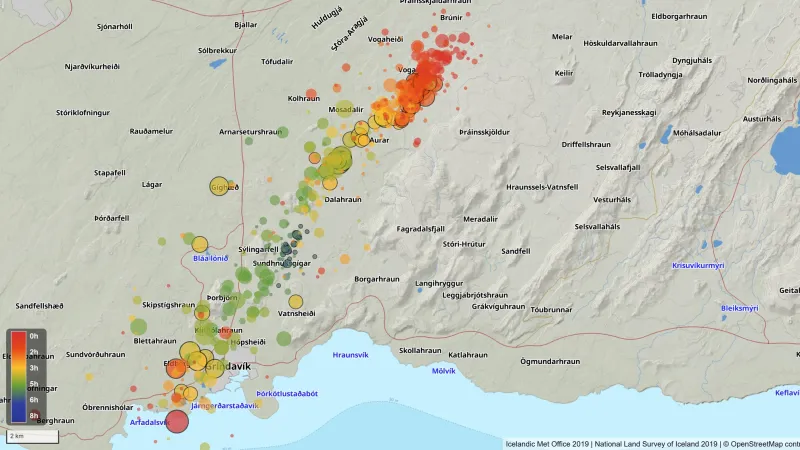 Mapa ukazuje otřesy země na Islandu 1. dubna 2025