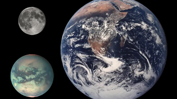 Titan, Měsíc a Země - srovnání velikostí