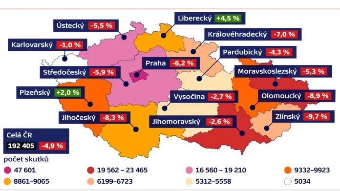 Registrované skutky v ČR po krajích (celková kriminalita v roce 2018)