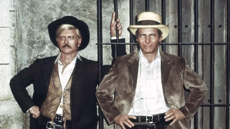 Američtí herci Robert Redford a Paul Newman při natáčení filmu Butch Cassidy a Sundance Kid v roce 1969