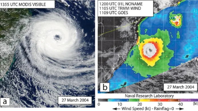 Hurikán Catarina ve viditelném spektru (vlevo) a družicí odhadnutá rychlost větru v uzlech (vpravo) 27. března 2004 odpoledne. Jeden uzel odpovídá 1,85 km/h